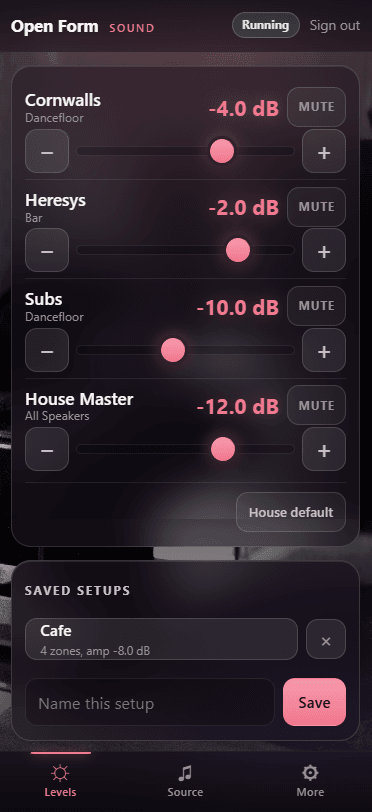 Control app: zone level sliders for Cornwalls, Heresys, Subs, and House Master
