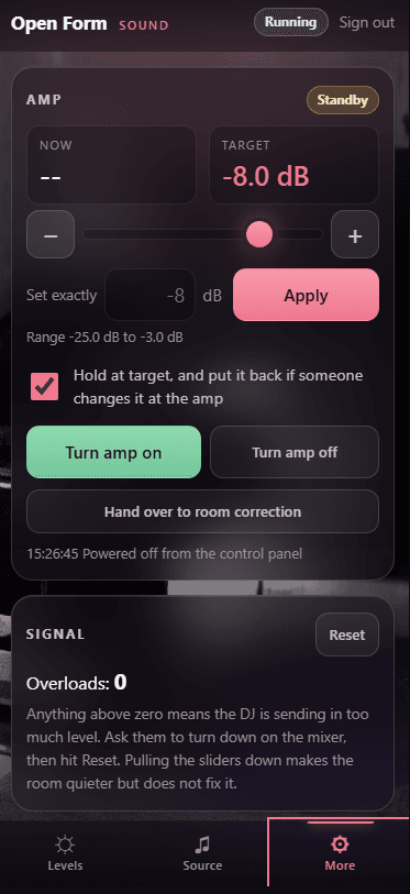 Control app: amp target and standby control, with signal overload monitor