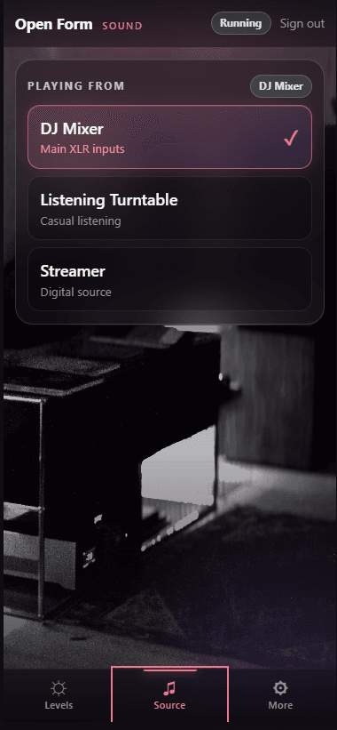 Control app: source picker for DJ Mixer, Listening Turntable, and Streamer